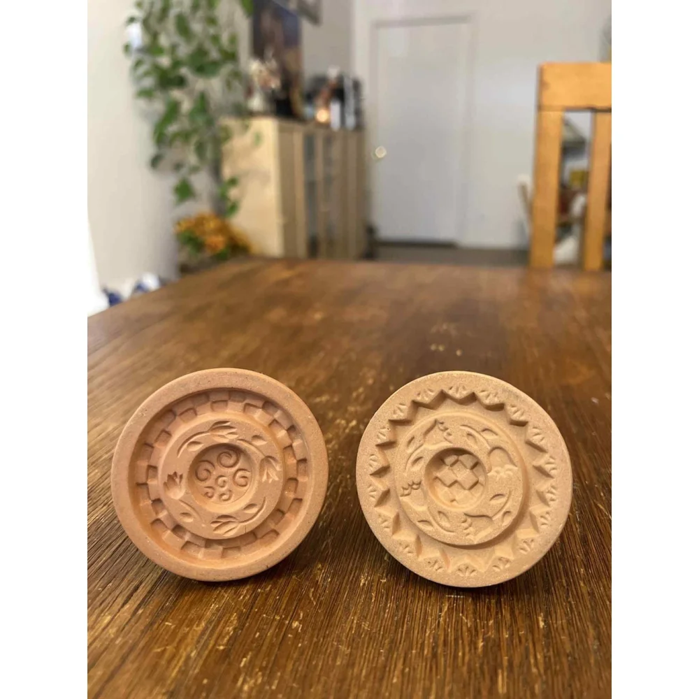 Vintage Terracotta Cookie Stamps Hand Painted Crown Design Pair Shortbread Butte